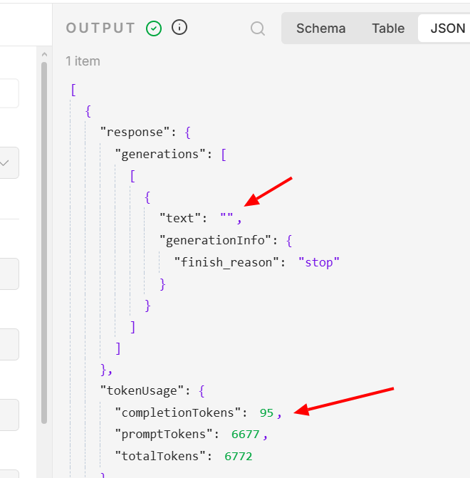 OUTPUT агента по тому же второму случаю - "text": "", finish_reason: "stop", completionTokens: 95, promptTokens: 6677. Красные стрелки мои)